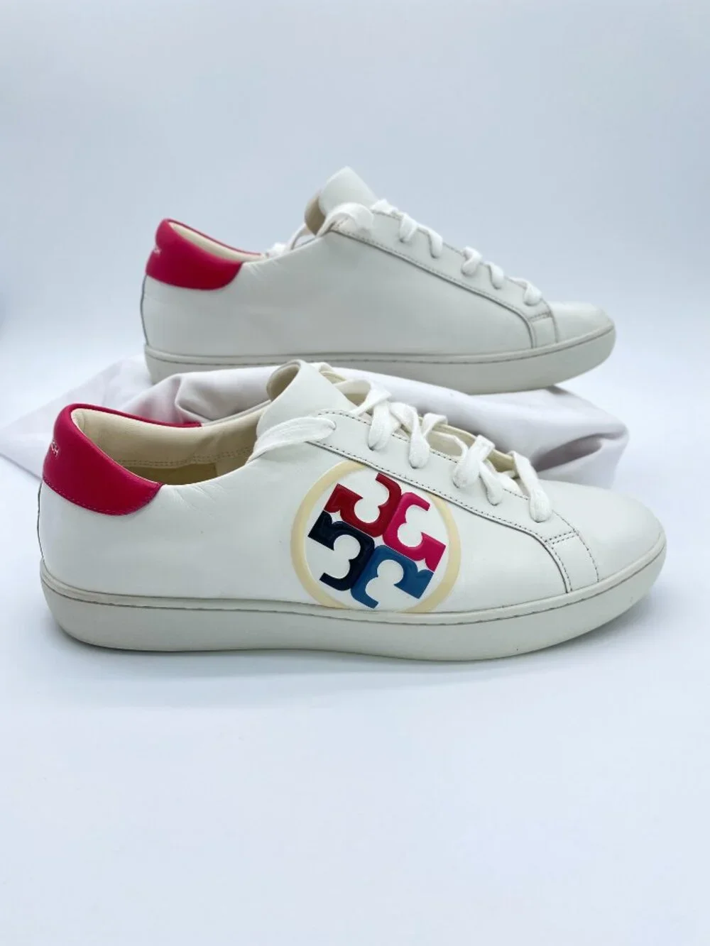 Tory Burch Howell Court Leather Sneakers White Pink Logo Size 10